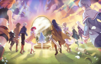 5boys 5girls ankle_boots artist_request back_bow bare_shoulders belt benya_(tales_weaver) black_boots black_coat black_gloves black_leotard black_pants black_ribbon black_shirt black_shoes black_shorts blade_of_grass blonde_hair blue_coat blue_hair blue_jacket blue_shirt blue_sleeves boots boris_jinneman bow broken_pillar brown_belt brown_boots brown_cape brown_capelet brown_coat brown_hair brown_shorts brown_thighhighs cape capelet child clarice_de_avril coat collared_capelet collared_coat collared_jacket crop_top cropped_shirt crossed_belts dress flower from_behind gloves grass greatsword green_eyes grey_hair hair_flower hair_ornament hair_ribbon high_collar high_heels holding holding_sword holding_weapon isolestie_(children_of_the_rune) jacket joshua_von_arnim juliet_sleeves knee_boots lanziee_rozen_kranz left-handed lens_flare leotard light_rays lily_(flower) long_dress long_hair long_skirt long_sleeves looking_back maximin_liebkne medium_dress mila_nebraska multiple_boys multiple_girls nexon nocturne_de_vien official_art open_clothes open_coat open_jacket orange_hair pants pinafore_dress puffy_short_sleeves puffy_sleeves pumps purple_skirt purple_sleeves red_belt red_hair ribbon roamini second-party_source shirt shoes short_hair short_sleeves shorts single_hair_streak skirt sleeve_cuffs sleeveless sleeveless_dress straight_hair sunbeam sunlight sunset sword sword_knot tales_weaver thighhighs trench_coat very_long_hair walking weapon white_capelet white_dress white_flower white_hair white_lily white_shirt white_sleeves wide_sleeves yellow_bow yellow_dress