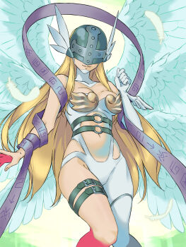 1girl angel angel_wings angewomon asymmetrical_clothes bare_shoulders belt black_belt blonde_hair bodysuit boobplate breastplate breasts cleavage closed_mouth clothing_cutout commentary_request covered_collarbone covered_eyes daoshitaka digimoji digimon digimon_(creature) falling_feathers feathered_wings feathers gloves hagoromo hand_up helmet helmet_over_eyes highres hip_vent large_breasts long_hair multiple_wings navel o-ring o-ring_belt partial_commentary shawl skindentation smile solo stomach stomach_cutout thigh_belt thigh_strap white_bodysuit white_gloves winged_helmet wings wrist_wings zipper