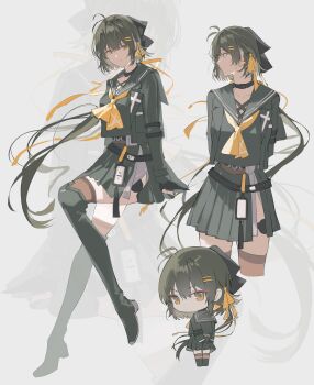 1girl absurdres alternate_costume black_boots black_bow black_choker black_gloves black_hair black_jacket black_sailor_collar black_serafuku black_shirt black_skirt black_thighhighs boots bow breasts chibi chibi_inset choker closed_mouth colored_inner_hair commentary_request earrings female_rover_(wuthering_waves) gloves grey_hair hair_bow hair_ornament hair_ribbon hairclip highres hikaku_(siyrgr) jacket jewelry knee_boots long_hair long_sleeves looking_at_viewer looking_to_the_side low_ponytail medium_breasts multicolored_hair multiple_views neckerchief parallel_hairclips ponytail ribbon rover_(wuthering_waves) sailor_collar school_uniform serafuku shirt skirt thighhighs thighhighs_under_boots thighs triangle_earrings very_long_hair wuthering_waves yellow_eyes yellow_neckerchief yellow_ribbon