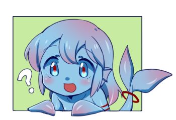Rule 34 | 1girl, :d, ?, animal ears, blue eyes, blue hair, blue sclera, blue skin, blush, colored sclera, colored skin, female focus, filet (kai himo), fins, gills, gradient hair, green background, head fins, kai himo, looking at viewer, monster girl, multicolored hair, nude, open mouth, original, pink hair, red pupils, simple background, smile, solo, tail