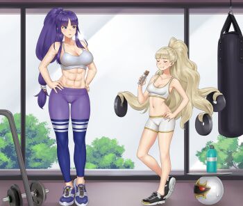 abs altina_(fire_emblem) barbell bike_shorts blonde_hair blue_eyes blue_hair bottle breasts dumbbell eating eitri_(fire_emblem) fire_emblem fire_emblem:_radiant_dawn fire_emblem_heroes gym highres holding large_breasts long_hair medium_breasts multiple_girls muscular muscular_female navel nintendo orb ponytail prehensile_hair protein_bar punching_bag redkite333 sports_bra sweat toned tray very_long_hair water_bottle wavy_hair