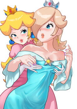 2girls absurdres bare_shoulders blonde_hair blue_dress blue_eyes blush breasts brooch collarbone commentary_request crown dress earrings elbow_gloves eyelashes gloves grabbing_from_behind groping hair_over_one_eye highres jewelry kurere1202 long_hair long_sleeves looking_at_another mario_(series) medium_breasts multiple_girls nintendo off-shoulder_dress off_shoulder open_mouth pink_dress princess_peach puffy_sleeves purple_nails rosalina smile sphere_earrings star_(symbol) star_brooch star_earrings white_background white_gloves yuri