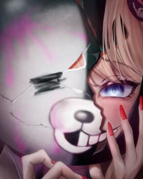 1girl blue_eyes commentary_request danganronpa_(series) enoshima_junko highres holding looking_at_viewer monokuma raku29_shi