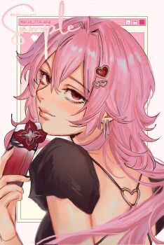 Rule 34 | 1girl, back, black shirt, box, commentary, ear piercing, english commentary, evernight (honkai: star rail), gift, gift box, hair ornament, heart, heart hair ornament, highres, holding, holding box, honkai: star rail, honkai (series), long hair, looking at viewer, march 7th (honkai: star rail), nokkusuart, piercing, pink hair, red eyes, sample watermark, shirt, solo, twitter username, upper body, very long hair, watermark