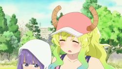 1boy 1girl age_difference animated anime_screenshot between_breasts blonde_hair bouncing_breasts breasts cleavage closed_eyes dragon_horns exercising green_hair hat head_between_breasts hetero hood hoodie horns horns_through_headwear huge_breasts jump_rope jumping kobayashi-san_chi_no_maidragon looking_at_breasts lucoa_(maidragon) magatsuchi_shouta midriff multicolored_hair nervous purple_hair shota sports_bra squatting tank_top video