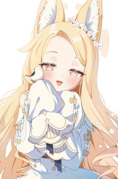 1girl absurdres animal_ear_fluff animal_ears bird blonde_hair blue_archive blush bow buttons commentary dress eyelashes forehead fox_ears gold_trim gradient_eyes halo head_wreath highres long_hair long_sleeves looking_at_viewer multicolored_eyes open_mouth pineap000 red_eyes seia_(blue_archive) sidelocks sleeves_past_fingers sleeves_past_wrists smile white_background white_bird white_bow white_dress yellow_bow yellow_eyes yellow_halo