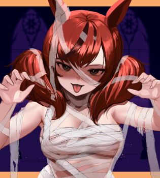 1girl :p animal_ears bandaged_ear bandaged_torso bandages breasts brown_eyes claw_pose commentary horse_ears horse_girl hoshikuzu_kizuna_(kizuna_stardust) long_hair looking_at_viewer medium_breasts multicolored_hair mummy_costume naked_bandage nice_nature_(umamusume) red_hair solo tongue tongue_out two-tone_hair two_side_up umamusume upper_body
