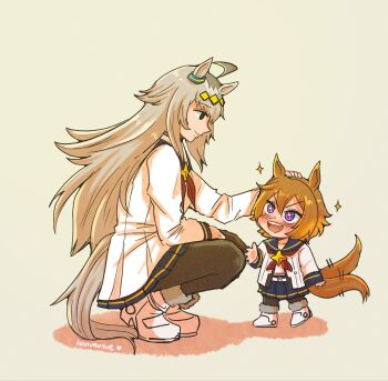+_+ 2girls ahoge animal_ears blue_eyes blue_sailor_collar blue_skirt blush boots brooch closed_mouth cosplay ear_ornament grey_hair grey_tail hair_between_eyes hair_ornament hairband hanununue headpat highres horse_ears horse_girl horse_tail jacket jewelry long_hair long_sleeves multicolored_hair multiple_girls neckerchief oguri_cap_(starlight_beat)_(umamusume) oguri_cap_(umamusume) oguri_cap_(umamusume)_(cosplay) open_mouth orange_hair orange_tail pantyhose purple_eyes red_neckerchief sailor_collar shirt shoes short_hair simple_background skirt smile squatting star_(symbol) star_brooch t.m._opera_o_(umamusume) tail tail_wagging umamusume umamusume:_cinderella_gray white_boots white_jacket white_shirt