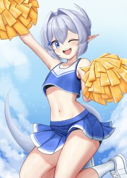 1boy 1girl ;d absurdres arm_up bare_arms bare_legs bare_shoulders basher blue_bow blue_eyes blue_skirt boros_(ouro_kronii) bow cheerleader commentary crop_top crossdressing crossdressing_(mtf) english_commentary grey_hair hair_bow hair_intakes highres hololive hololive_english jumping light_blush long_pointy_ears looking_at_viewer male_focus midriff miniskirt navel one_eye_closed open_mouth personification pleated_skirt pointy_ears pom_pom_(cheerleading) round_teeth shoes skirt smile snake_boy snake_tail socks solo tail teeth trap upper_teeth_only virtual_youtuber white_shoes white_socks
