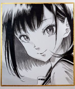 1girl closed_mouth commentary_request eyelashes greyscale looking_at_viewer looking_to_the_side makomako1061 monochrome original photo_(medium) portrait sailor_collar shikishi short_hair smile solo traditional_media turning_head wispy_bangs