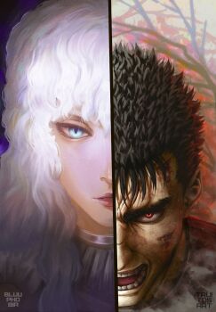 Rule 34 | 2boys, absurdres, angry, armor, berserk, black hair, blood, blood on face, cheek injury, choppy bangs, commentary, english commentary, griffith (berserk), guts (berserk), highres, long hair, looking at viewer, multiple boys, open mouth, portrait, red eyes, sanpaku, scar, scar on face, short hair, slit pupils, split theme, teeth, thick eyebrows, truitosart, watermark, white hair