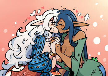 archmage_(murgoten) blue_hair blue_sleeves blush bog_witch_(murgoten) breasts cleavage closed_eyes dark_skin dress frog glasses green_dress heart highres holding_hands huge_breasts kiss long_ears long_hair messy_hair mole mole_on_breast mole_under_mouth murgoten mushroom off_shoulder original patchwork_clothes pointy_ears red_dress very_long_hair white_hair yuri