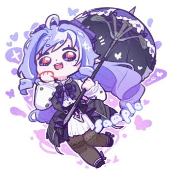 1girl ahoge ascot autis_tic black_pantyhose bow bowtie chibi chibi_only dress drill_hair full_body gem hairband holding holding_umbrella mole mole_under_eye pantyhose patterned_legwear pointy_ears purple_ascot purple_bow purple_bowtie purple_gem purple_hair purple_hairband purple_umbrella red_eyes smile solo umbrella vivian_banshee white_dress zenless_zone_zero