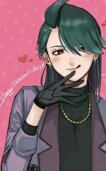 Rule 34 | 1girl, ahoge, black gloves, black shirt, bright pupils, commentary request, ear piercing, earrings, eyes visible through hair, gloves, green hair, hair down, hair over one eye, hand up, happy valentine, heart, highres, jewelry, lapels, layered clothes, long hair, looking at viewer, necklace, nintendo, notched lapels, official alternate costume, official alternate hairstyle, open hand, piercing, pokemon, pokemon masters ex, red eyes, rika (palentine's 2026) (pokemon), rika (pokemon), shirt, smile, solo, tateyama (tateym zn), three-quarter sleeves, tongue, tongue out, upper body, white pupils