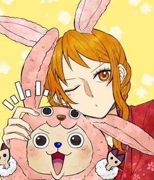 Rule 34 | 1boy, 1girl, animal ears, animal hood, blue nose, blush, brown fur, closed mouth, commentary request, floral print, floral print kimono, hand on another's head, hands up, head rest, heads together, highres, hood, japanese clothes, kimono, long hair, looking at viewer, m (user gjgn8588), nami (one piece), one eye closed, one piece, open mouth, orange eyes, orange hair, print kimono, rabbit ears, rabbit hood, red kimono, reindeer boy, single sidelock, straight-on, tony tony chopper, upper body, wavy hair, yellow background