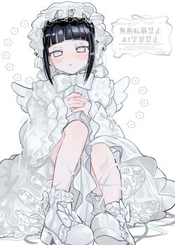 1girl absurdres alternate_costume asako_(itiba) black_hair blush commentary_request dress frilled_dress frilled_headwear frilled_sleeves frills highres hyuuga_hinata long_sleeves looking_at_viewer naruto_(classic) naruto_(series) own_hands_together parted_lips purple_eyes shoes short_hair sitting sleeves_past_wrists solo white_background white_dress white_headdress white_shoes