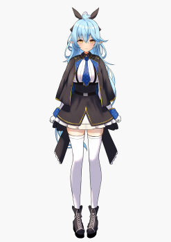 1girl absurdres ahoge alternate_costume black_bow black_shoes black_skirt blue_hair blue_streaks bow closed_mouth commentary_request design_speculation elf hair_bow heart heart_ahoge highres hololive long_hair looking_at_viewer marishia_holo multicolored_hair pointy_ears ponytail shirt shoes skirt solo streaked_hair suspender_skirt suspenders thighhighs very_long_hair virtual_youtuber white_background white_shirt white_thighhighs yellow_eyes yukihana_lamy zettai_ryouiki