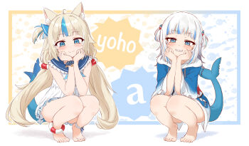 2girls a_(phrase) absurdres ameneko_kuro animal_costume animal_ears barefoot blonde_hair blue_eyes blue_hair blue_hoodie blush breasts cat_ears closed_mouth commentary dress feet fins fish_girl fish_tail full_body gawr_gura gawr_gura_(1st_costume) grin hair_ornament highres hololive hololive_english hood hoodie indie_virtual_youtuber lifebuoy_hair_ornament long_hair looking_at_viewer low_twintails medium_hair multicolored_hair multiple_girls one_side_up sameko_saba shark_costume shark_girl shark_hair_ornament shark_tail sharp_teeth sleeveless sleeveless_dress small_breasts smile streaked_hair tail teeth twintails two_side_up very_long_hair virtual_youtuber voice_actor_connection white_dress white_hair