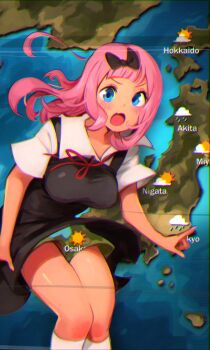 1girl black_bow black_dress blue_eyes blunt_bangs blush bolo_tie bow breasts clothes_lift collarbone collared_shirt commentary dress english_commentary fang feet_out_of_frame flipped_hair fujiwara_chika furrowed_brow green_screen green_shorts hair_bow hair_ornament highres index_finger_raised kaguya-sama_wa_kokurasetai_~tensai-tachi_no_renai_zunousen~ khyle. long_hair looking_at_viewer map medium_breasts open_mouth pink_hair red_neckwear school_uniform shirt short_sleeves shorts shorts_under_skirt shuuchiin_academy_school_uniform sidelocks skin_fang skirt skirt_lift socks solo standing weathergirl white_shirt white_socks