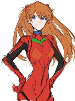 1girl arano_nknk blush bodysuit brown_hair curvy hands_on_own_hips highres long_hair looking_at_viewer mecha_pilot_suit neon_genesis_evangelion plugsuit_(evangelion) red_bodysuit simple_background smile solo souryuu_asuka_langley two_side_up white_background wide_hips
