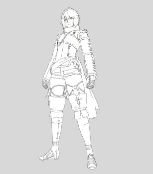 Rule 34 | 1boy, armored boots, blue eyes, boots, closed mouth, commentary, d.k, english commentary, full body, fur-trimmed jacket, fur thighhighs, fur trim, gloves, grey background, hair between eyes, highres, jacket, lineart, long sleeves, male focus, nier (brother), nier (brother) (post timeskip), nier (series), sash, short hair, solo, spot color, standing, thigh boots, waist sash