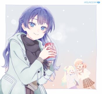 3girls :d ^_^ absurdres aqua_coat black_scarf black_skirt blonde_hair blue_eyes blue_hair border brown_skirt can closed_eyes closed_mouth coat commentary_request crossed_bangs down_jacket dress drink_can flower grey_sweater hair_bobbles hair_flower hair_intakes hair_ornament half_updo hat highres hinoshita_kaho hinoshita_kaho_(winter_casual) holding holding_can hood hoodie jacket link!_like!_love_live! long_hair long_sleeves love_live! medium_hair miniskirt multiple_girls murano_sayaka murano_sayaka_(winter_casual) open_clothes open_coat open_mouth orange_hair osawa_rurino osawa_rurino_(winter_casual) outside_border pink_flower plaid_clothes plaid_skirt pleated_skirt purple_dress purple_sweater scarf skirt smile snowing solo_focus sweater twintails virtual_youtuber white_border white_hat white_hoodie white_jacket yumechiku