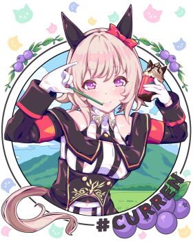 1girl berry black_cat_frappuccino blush breasts closed_mouth commentary_request curren_chan_(fille_eclair)_(umamusume) curren_chan_(umamusume) food gloves grey_hair hair_between_eyes hair_ornament hairband hashtag highres horse_girl kan_lee medium_breasts purple_eyes ribbon smile solo umamusume