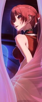 1girl ass bare_shoulders black_leotard breasts cowboy_shot daichi_lds heterochromia highres hololive houshou_marine houshou_marine_(1st_costume) indoors jacket large_breasts leotard night red_eyes red_hair red_jacket sleeveless sleeveless_jacket solo twintails virtual_youtuber yellow_eyes