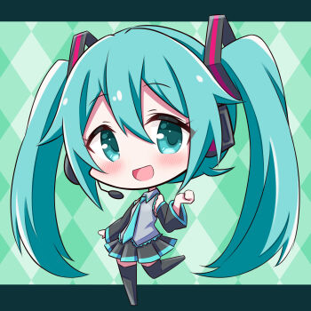 Rule 34 | 1girl, absurdres, argyle background, blue eyes, blue hair, blush, boots, chibi, commentary request, detached sleeves, full body, hair ornament, hatsune miku, headphones, headset, highres, long hair, long sleeves, natsume yuu (artist), necktie, open mouth, pleated skirt, shirt, skirt, sleeveless, sleeveless shirt, smile, solo, standing, standing on one leg, thigh boots, twintails, very long hair, vocaloid