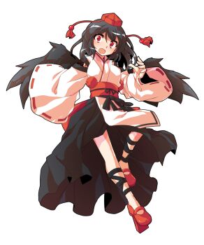 Rule 34 | 1girl, alphes (style), black hair, black thighhighs, black wings, blush, breasts, commentary request, dairi, feathered wings, full body, geta, hair between eyes, hand up, hat, highres, kourindou tengu costume, large variant set, looking at viewer, medium hair, open mouth, parody, red eyes, shameimaru aya, simple background, solo, style parody, tachi-e, thighhighs, tokin hat, touhou, transparent background, variant set, wide sleeves, wings