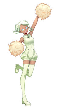 1girl :d arm_up armpits bare_shoulders bindi blue_eyes boots braid breasts buttons dark-skinned_female dark_skin double_bun facial_mark female_focus forehead_mark full_body green_hair gundam gundam_g_no_reconguista hair_bun hair_rings halterneck happy high_heel_boots high_heels highres holding leg_up looking_to_the_side open_mouth platform_boots platform_footwear pom_pom_(cheerleading) raraiya_monday realmbw short_hair short_jumpsuit simple_background sleeveless small_breasts smile solo standing standing_on_one_leg thigh_boots thighhighs turtleneck twin_braids unitard white_background white_boots white_hair white_thighhighs zettai_ryouiki