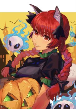Rule 34 | 1girl, animal ears, bat (animal), bow, braid, breasts, cat ears, cat tail, dress, extra ears, fire, flaming skull, floating skull, ghost, hair bow, highres, kaenbyou rin, long hair, looking at viewer, multiple tails, onionmay, open mouth, pumpkin, pumpkin head, red eyes, red hair, short hair, skull, smile, solo, tail, touhou, twin braids, two tails
