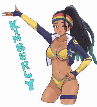 1girl :d aqua_nails bikini black_hair blue_jacket breasts character_name collarbone commentary_request cropped_jacket dreadlocks genjimarup hand_on_own_hip high_ponytail highres jacket kimberly_jackson large_breasts long_hair looking_at_viewer nail_polish navel one_eye_closed open_clothes open_jacket open_mouth ponytail print_jacket simple_background smile solo star_(symbol) street_fighter street_fighter_6 swimsuit white_background yellow_bikini