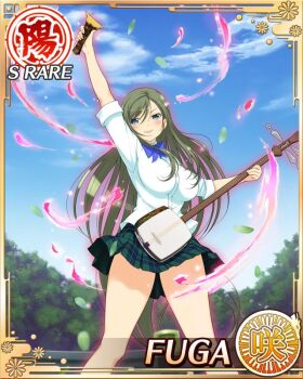 Rule 34 | arm up, aura, blue bow, blue bowtie, blue eyes, border, bow, bowtie, breasts, card (medium), character name, english text, fuga (senran kagura), game cg, green hair, green skirt, holding, holding instrument, holding plectrum, instrument, large breasts, long hair, long sleeves, looking at viewer, mole, mole under eye, official alternate costume, official art, parted bangs, parted lips, plaid clothes, plaid skirt, plectrum, sakigei municipal academy school uniform, school uniform, senran kagura, senran kagura new wave, shamisen, shirt, skirt, smile, treble clef, white shirt