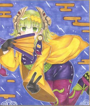 Rule 34 | 1girl, blue background, coat, duel monster, gold border, green eyes, green hair, hand fan, highres, holding, holding fan, ichinose haruka, japanese clothes, kimono, noh-p.u.n.k. ze amin, pantyhose, purple kimono, purple pantyhose, ringed eyes, shikishi, short hair, solo, traditional media, v, yellow coat, yu-gi-oh!