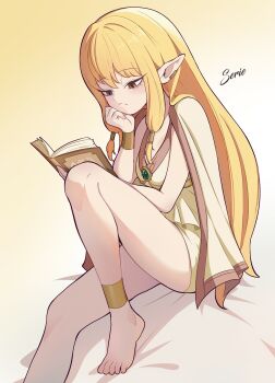 1girl :/ absurdres ankleband bare_legs barefoot bed_sheet blonde_hair book brooch brown_eyes character_name cloak closed_mouth commentary_request creammilk_tea dress earclip elf foot_out_of_frame frown gradient_background hair_tubes hand_on_own_face head_on_hand head_rest highres holding holding_book jewelry knee_up korean_commentary legs long_hair long_sidelocks looking_at_object low-tied_sidelocks open_book open_cloak open_clothes pointy_ears reading serie_(sousou_no_frieren) short_dress sidelocks simple_background sitting solo sousou_no_frieren split_mouth very_long_hair white_background white_cloak white_dress wristband yellow_background