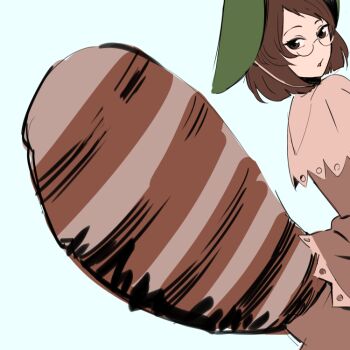 1girl amino_(tn7135) bad_id bad_pixiv_id blue_background brown_eyes brown_hair brown_shirt capelet female_focus futatsuiwa_mamizou glasses leaf_hat looking_at_viewer looking_back parted_lips pince-nez raccoon_tail shirt short_hair simple_background sketch solo tail touhou