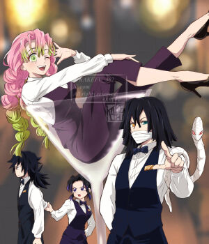 2boys 2girls alternate_costume annoyed black_bow black_bowtie black_hair black_pants black_shoes black_vest blurry blurry_background bow bowtie braid breasts cocktail_glass commentary_request cup drinking_glass green_eyes green_hair heterochromia highres iguro_obanai in_container in_cup kakefu_302 kanroji_mitsuri kimetsu_no_yaiba kochou_shinobu large_breasts looking_at_viewer mole mole_under_each_eye mole_under_eye multicolored_hair multiple_boys multiple_girls multiple_moles one_eye_closed pants pink_hair pointing pointing_at_viewer pulling_another&#039;s_clothes purple_eyes shirt shoes short_hair smile tomioka_giyuu twin_braids two-tone_hair vest waiter waitress watermark white_shirt yellow_eyes
