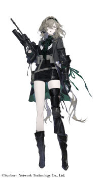 1girl :o absurdres armor assault_rifle bags_under_eyes belt_pouch black_armor black_boots black_dress black_shoes black_shorts black_thighhighs blonde_hair boots braid bullpup checkered_hairband chinese_commentary coattails commentary copyright_name cropped_jacket dress earclip ef88_(girls&#039;_frontline) fingerless_gloves full_body gauntlets girls&#039;_frontline gloves green_gloves green_hair green_neckerchief grenade_launcher grey_jacket gun hair_over_one_eye hairband half-closed_eyes highres holding holding_gun holding_weapon jacket knee_pads lapel_chain lapel_pin lapels long_bangs long_hair looking_at_viewer magazine_(weapon) meru02295238 micro_shorts muzzle_device neckerchief notched_lapels open_clothes open_jacket open_mouth optical_sight plant_print pouch rifle shirt shoes short_dress shorts simple_background single_arm_armor single_bare_leg single_hair_intake single_knee_pad single_thighhigh solo standing striped_clothes striped_shirt suit_jacket tachi-e teeth thigh_gap thighhighs trigger_discipline underbarrel_grenade_launcher upper_teeth_only vertical-striped_clothes vertical-striped_shirt very_long_hair watermark weapon weibo_username weibo_watermark white_background white_shirt