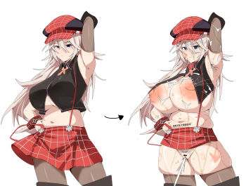 1girl @_@ absurdres alisa_ilinichina_amiella arm_up armpit_hair armpits arrow_(symbol) barcode barcode_tattoo before_and_after bite_mark black_shirt blue_eyes breast_expansion breasts bukkake citizen_k_(pngj5475) collar corruption cowboy_shot crop_top cum cum_on_body facial_tattoo female_ejaculation female_pubic_hair god_eater grey_hair hand_on_own_hip hat highres huge_breasts huge_nipples lactation long_hair navel pantyhose projectile_lactation pubic_hair pussy red_collar red_hat red_skirt shirt simple_background skirt slap_mark stomach suspender_skirt suspenders tattoo underboob weight_gain white_background
