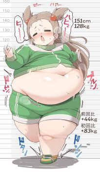 1girl belly big_belly blush breasts brown_hair closed_eyes fat fat_woman green_jacket green_shorts gym_shorts gym_uniform hair_horns hair_ornament height_chart jacket jasmine_(pokemon) kukuru long_hair navel nintendo obese open_mouth pokemon pokemon_gsc running shoes shorts small_breasts solo sound_effects sphere_hair_ornament standing sweat thick_thighs thighs tight_clothes track_jacket two_side_up white_background