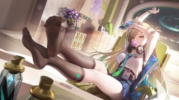 Rule 34 | 1girl, aqua necktie, arms up, black skirt, black socks, blonde hair, blowing bubble gum, breasts, cellphone, chewing gum, colored tips, commentary, feet on table, green hair, headphones, headphones around neck, highres, holding, holding phone, id card, indoors, jacket, long hair, lynae (wuthering waves), medium breasts, multicolored hair, necktie, no shoes, paid reward available, phone, purple eyes, shirt, shirt tucked in, skirt, smartphone, socks, solo, spray can, white shirt, wuthering waves, zhenli-mari