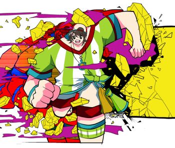 1girl afterimage astroganger backwards_hat black_eyes broken_wall brown_hair clenched_hands hat hololive hololive_alternative jersey meme muscular muscular_female oozora_subaru oozora_subaru_(1st_costume) open_mouth parody quality running running_towards_viewer shirt solo stopwatch striped_clothes striped_shirt thigh_strap v-shaped_eyebrows vertical-striped_clothes vertical-striped_shirt virtual_youtuber watch yesterday_tokyo