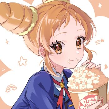 Rule 34 | 1girl, aikatsu!, aikatsu! (series), arisugawa otome, blue jacket, brown eyes, commentary request, cone hair bun, double bun, eating, food, food on face, hair bun, jacket, korean commentary, looking at viewer, neck ribbon, nyaleu, orange hair, popcorn, red ribbon, ribbon, school uniform, shirt, short hair, solo, starlight academy school uniform, upper body, white shirt, winter uniform