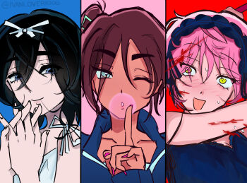 Rule 34 | 3girls, aiko (ivanlover1000), alien stage, black dress, black hairband, black jacket, blood, blowing bubble gum, blue eyes, brown hair, chewing gum, claw hair clip, closed mouth, commentary, crossed bangs, dilated pupils, dress, english commentary, grey eyes, hair between eyes, hair ornament, hairband, hairclip, highres, hyuna (alien stage), index finger raised, jacket, medium hair, mizi (alien stage), multiple girls, official alternate costume, one eye closed, open mouth, pink hair, pink nails, short hair, sua (alien stage), thick eyebrows, twitter username, very short hair, white dress, yellow eyes