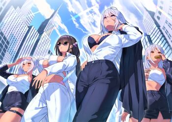 4girls alabama_(azur_lane) azur_lane black_bra black_pants black_shorts black_skirt bra breasts building cleavage commentary_request dark-skinned_female dark_skin day facial_scar from_below holding holding_jacket holding_unworn_clothes hori_(hori_no_su) indiana_(azur_lane) jacket large_breasts massachusetts_(azur_lane) midriff multiple_girls official_art open_clothes open_jacket outdoors pants partially_unbuttoned scar scar_on_cheek scar_on_face shirt shorts siblings sisters skirt skyscraper south_dakota_(azur_lane) sunglasses underwear unworn_jacket white_jacket white_pants white_shirt