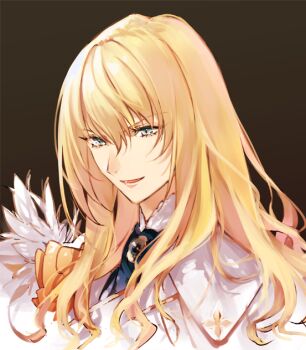 1boy ascot bishounen black_background blonde_hair blue_ascot blue_eyes brooch cape commentary eyelashes fate/grand_order fate_(series) feathers gold_trim hair_between_eyes jewelry kirschtaria_wodime long_hair looking_at_viewer m-tobiei male_focus parted_lips portrait shirt side_cape simple_background smile solo white_cape white_feathers white_shirt