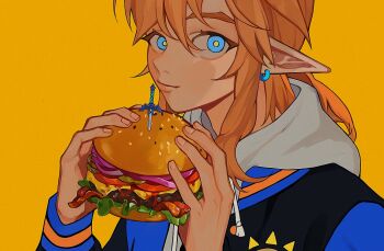 1boy blonde_hair blue_eyes burger closed_mouth earrings eating food hair_between_eyes holding holding_food hood hood_down jewelry link looking_at_viewer low_ponytail male_focus master_sword nintendo orange_background pointy_ears ponytail shuaitofu sidelocks solo the_legend_of_zelda the_legend_of_zelda:_breath_of_the_wild