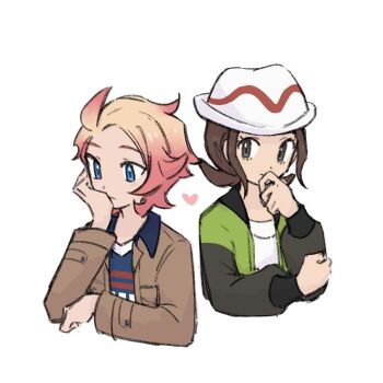 1boy 1girl blonde_hair brown_eyes brown_hair brown_jacket closed_mouth cropped_torso curly_hair eyelashes green_jacket harmony_(pokemon) hat head_rest heart jacket long_sleeves nintendo open_clothes open_jacket pokemon pokemon_legends:_z-a print_shirt shirt simple_background urbain_(pokemon) white_background white_hat xlii_idk