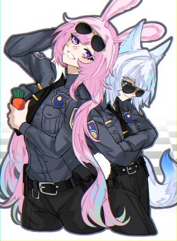 Rule 34 | 2girls, alternate costume, animal ears, aqua hair, black necktie, black pants, black shirt, blue hair, carrot, cerydra (honkai: star rail), choikfu, commentary, cropped legs, crossed arms, cyrene (demiurge) (honkai: star rail), cyrene (honkai: star rail), diamond-shaped pupils, diamond (shape), english commentary, eyewear on head, fox, fox tail, highres, holding, holding carrot, honkai: star rail, honkai (series), kemonomimi mode, long hair, multicolored hair, multiple girls, necktie, pants, pink hair, police, police badge, police uniform, policewoman, purple eyes, rabbit ears, shirt, simple background, smile, sunglasses, symbol-shaped pupils, tail, very long hair, white background, white hair